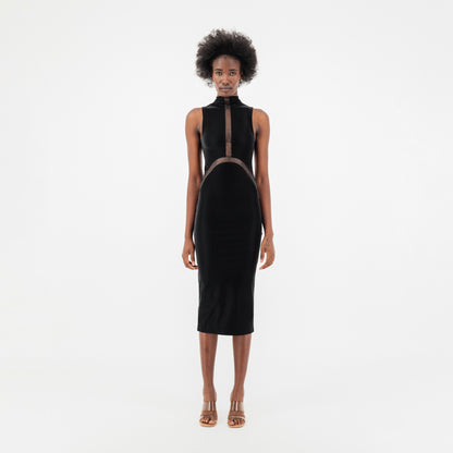 ÚCHÈ Sheer Paneling Cut Out Crocodile Print Midi Dress - Black