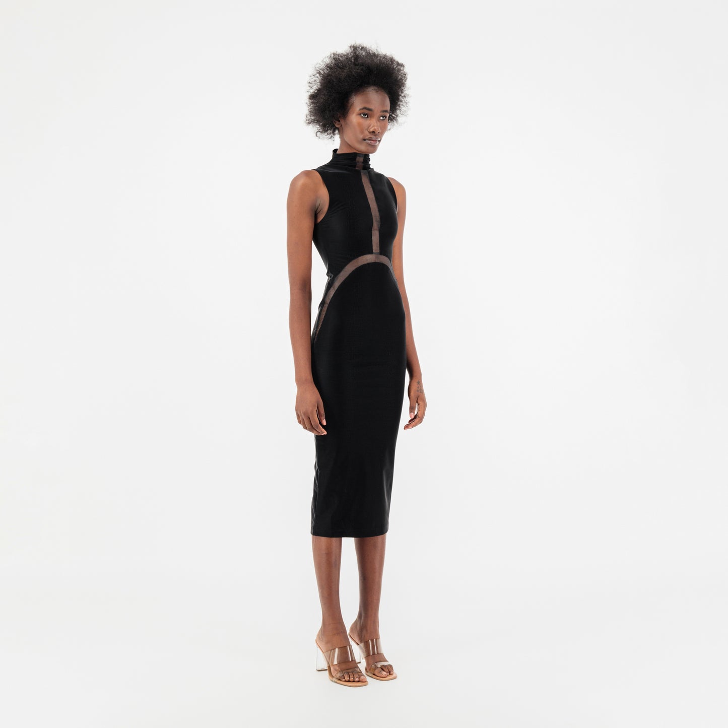 ÚCHÈ Sheer Paneling Cut Out Crocodile Print Midi Dress - Black