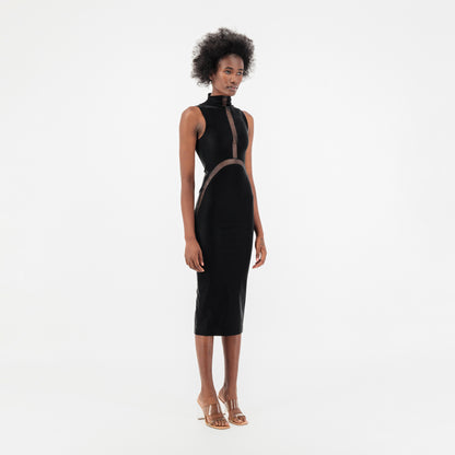 ÚCHÈ Sheer Paneling Cut Out Crocodile Print Midi Dress - Black