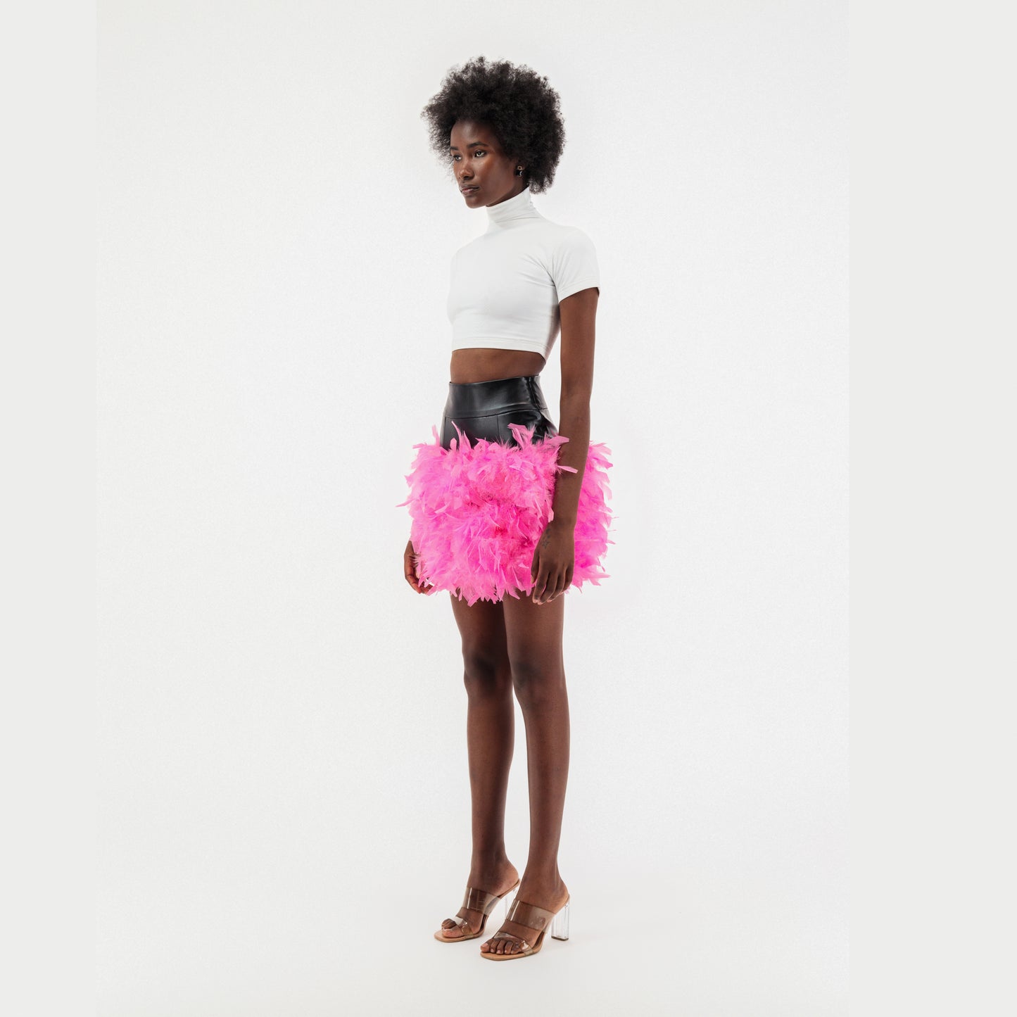ÚCHÈ Vegan Leather Mini Skirt with Feather - Black/Pink