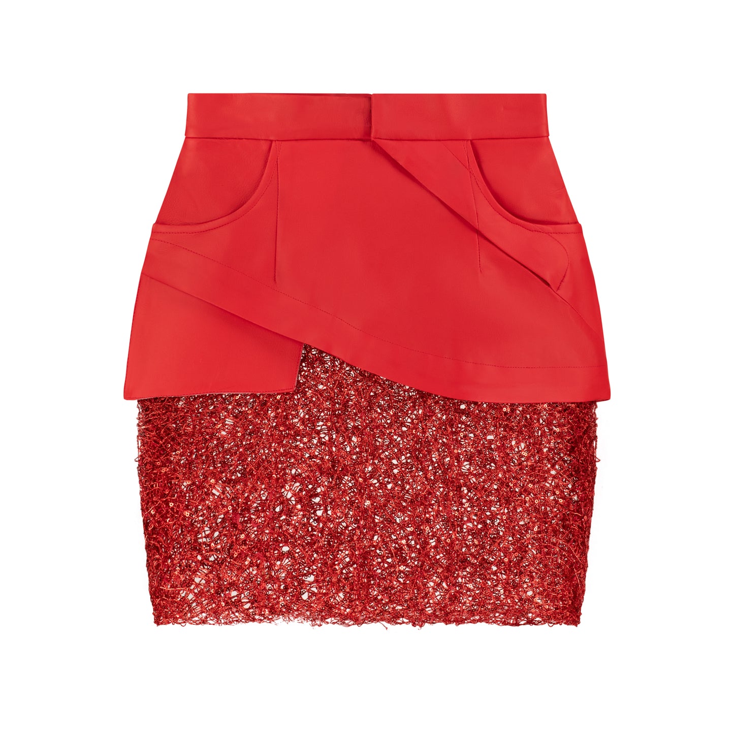 ÚCHÈ Vegan Leather Mini Skirt with Lace - Red