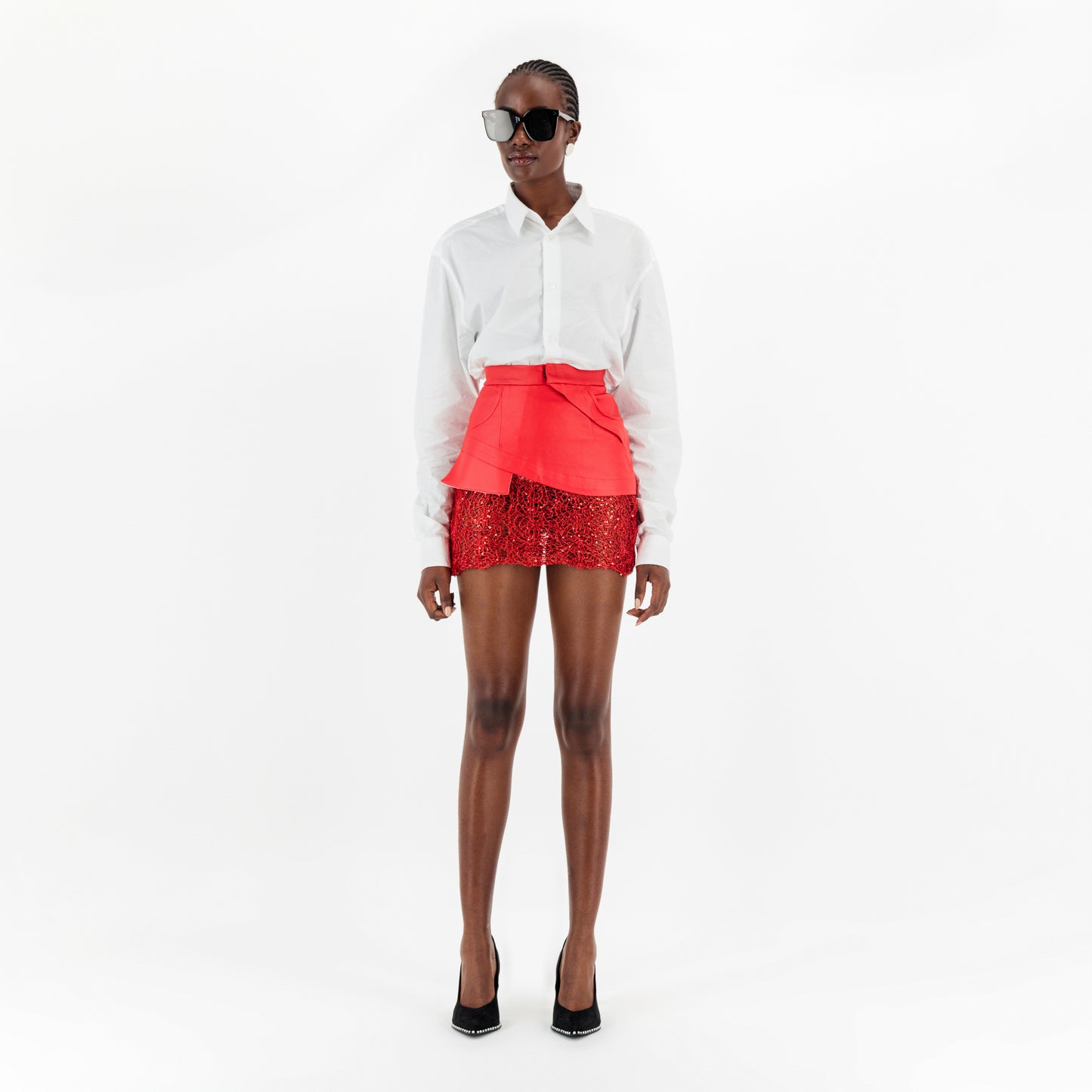 ÚCHÈ Vegan Leather Mini Skirt with Lace - Red