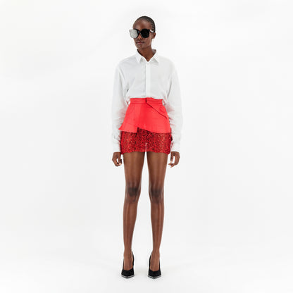 ÚCHÈ Vegan Leather Mini Skirt with Lace - Red