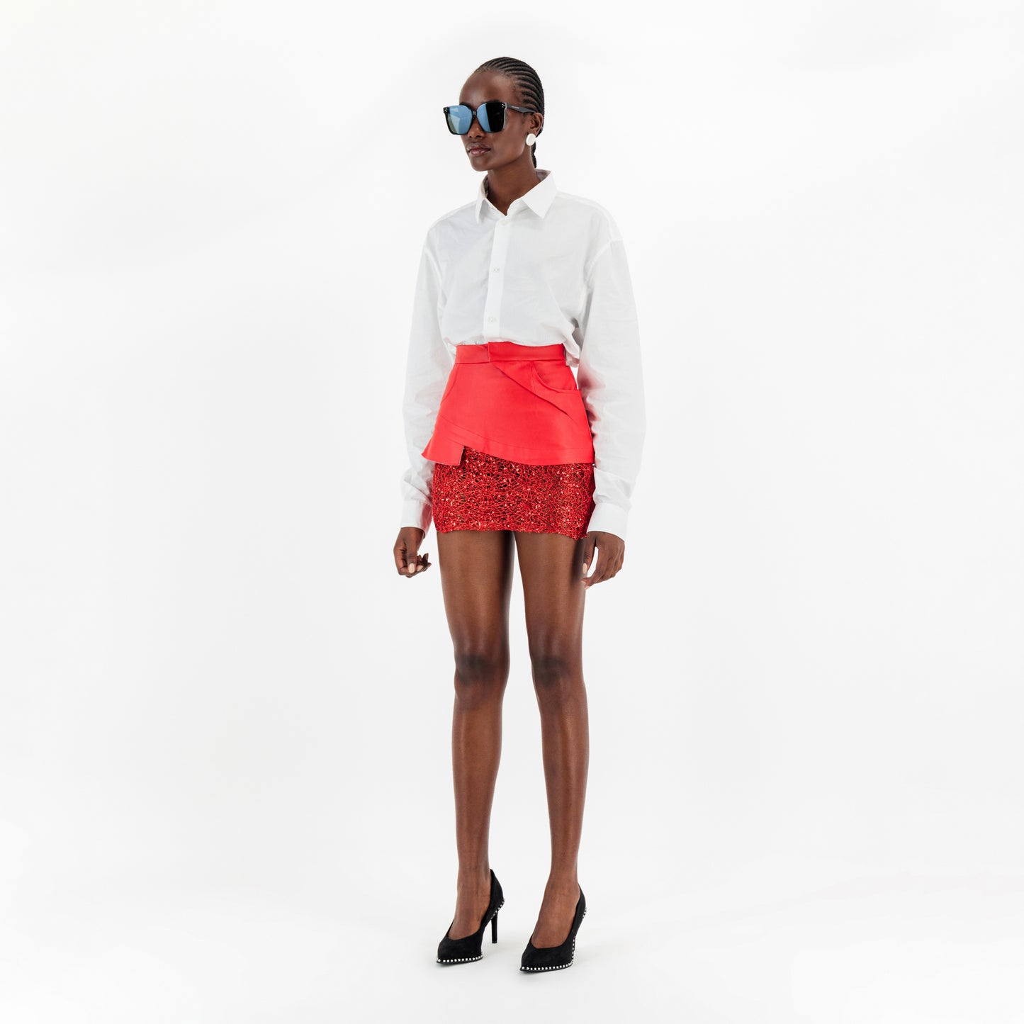 ÚCHÈ Vegan Leather Mini Skirt with Lace - Red