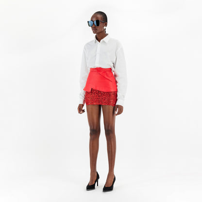 ÚCHÈ Vegan Leather Mini Skirt with Lace - Red