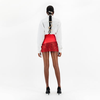 ÚCHÈ Vegan Leather Mini Skirt with Lace - Red