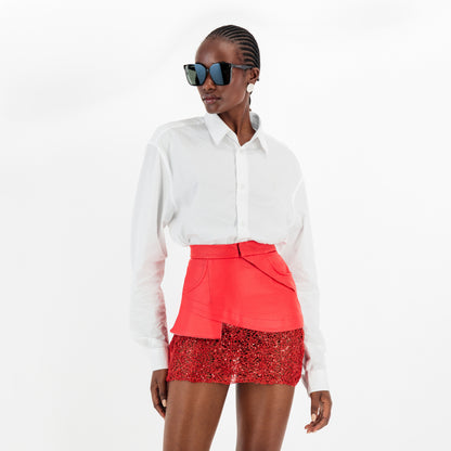 ÚCHÈ Vegan Leather Mini Skirt with Lace - Red