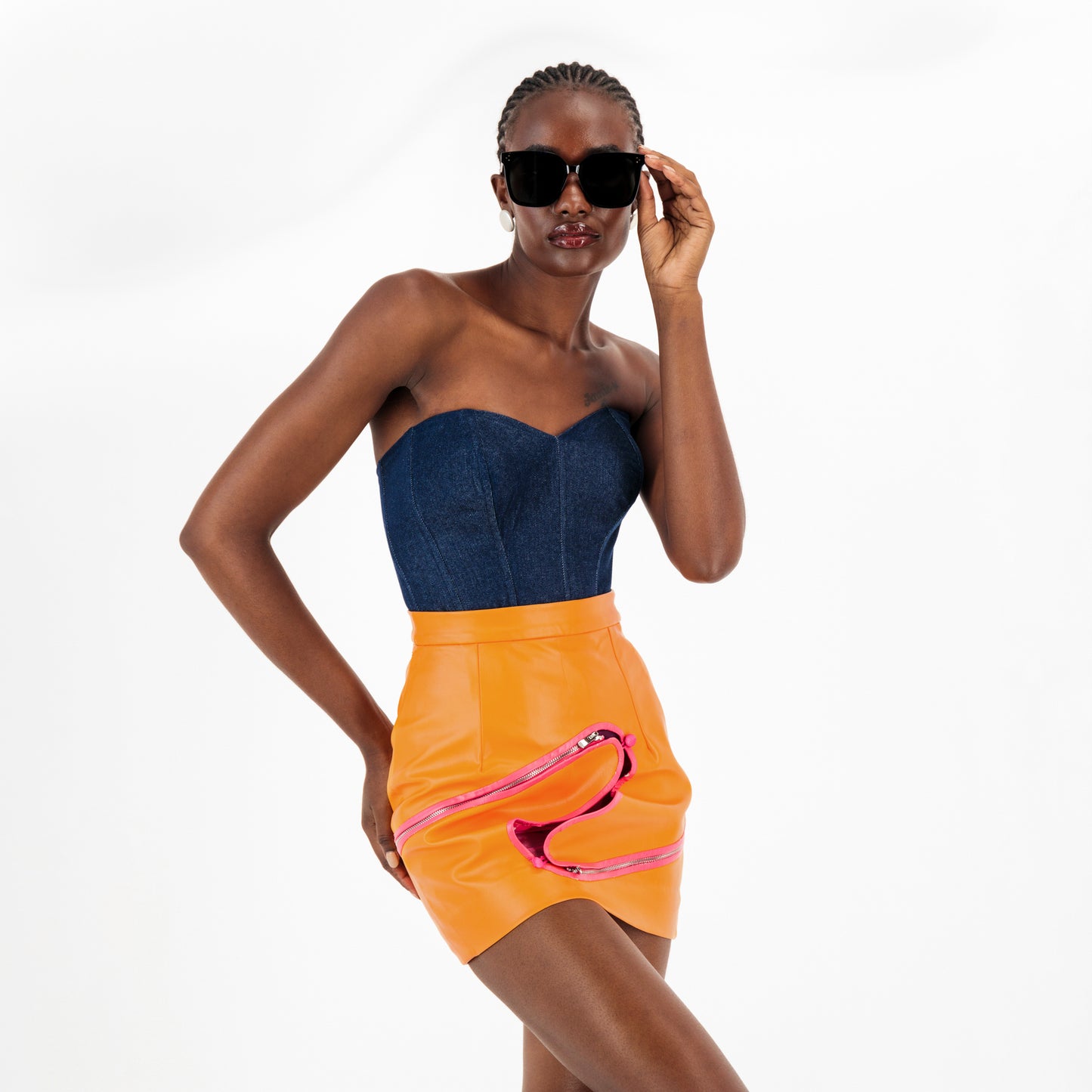 ÚCHÈ Vegan Leather Wavy Mini Skirt - Orange