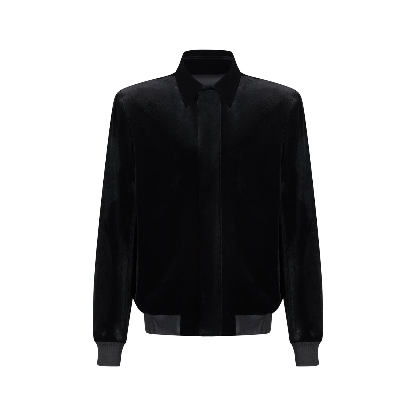 Designer velvet women's jacket with a pointed collar, long sleeves, and ribbed cuffs and hem in Black | ÚCHÈ
