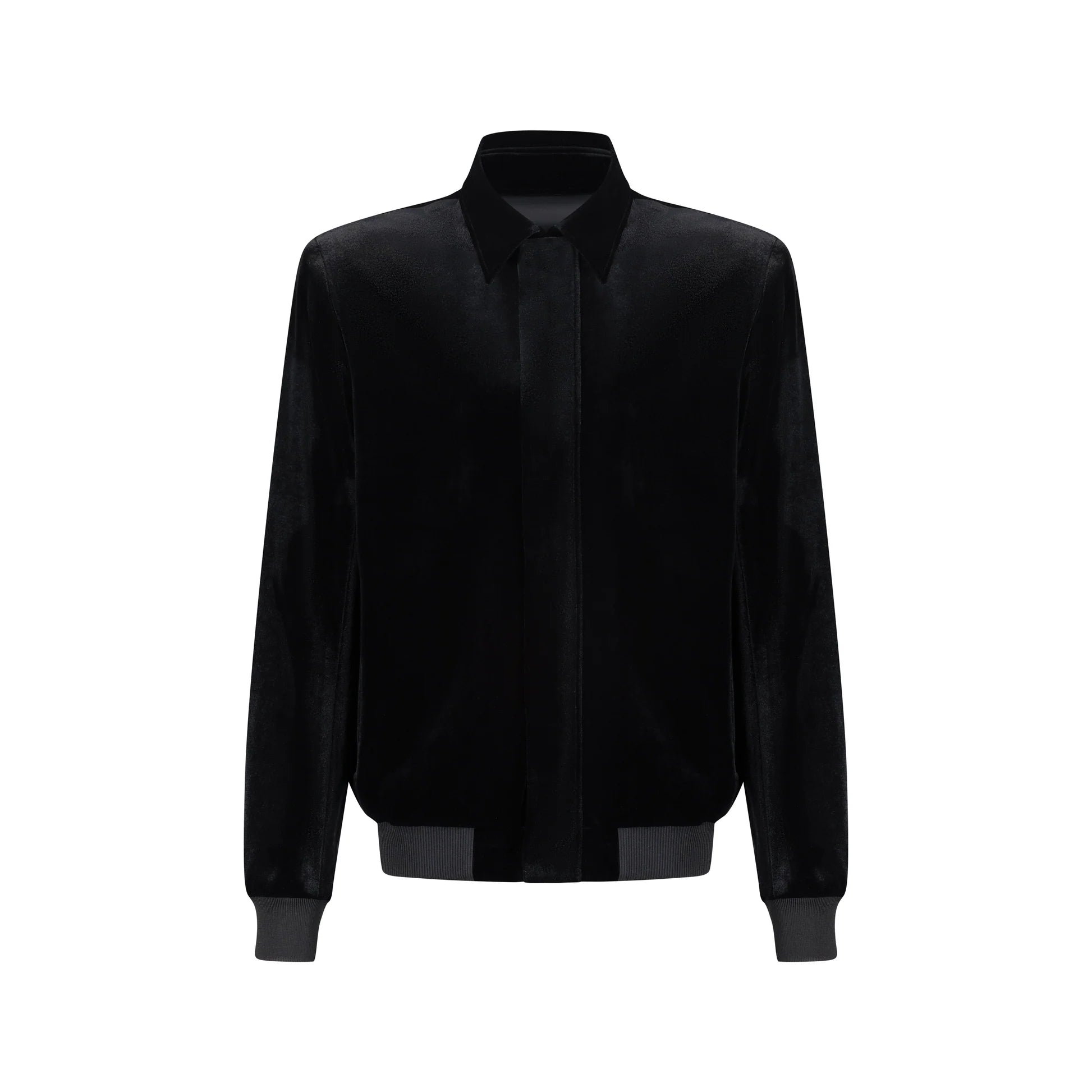 Designer velvet women's jacket with a pointed collar, long sleeves, and ribbed cuffs and hem in Black | ÚCHÈ