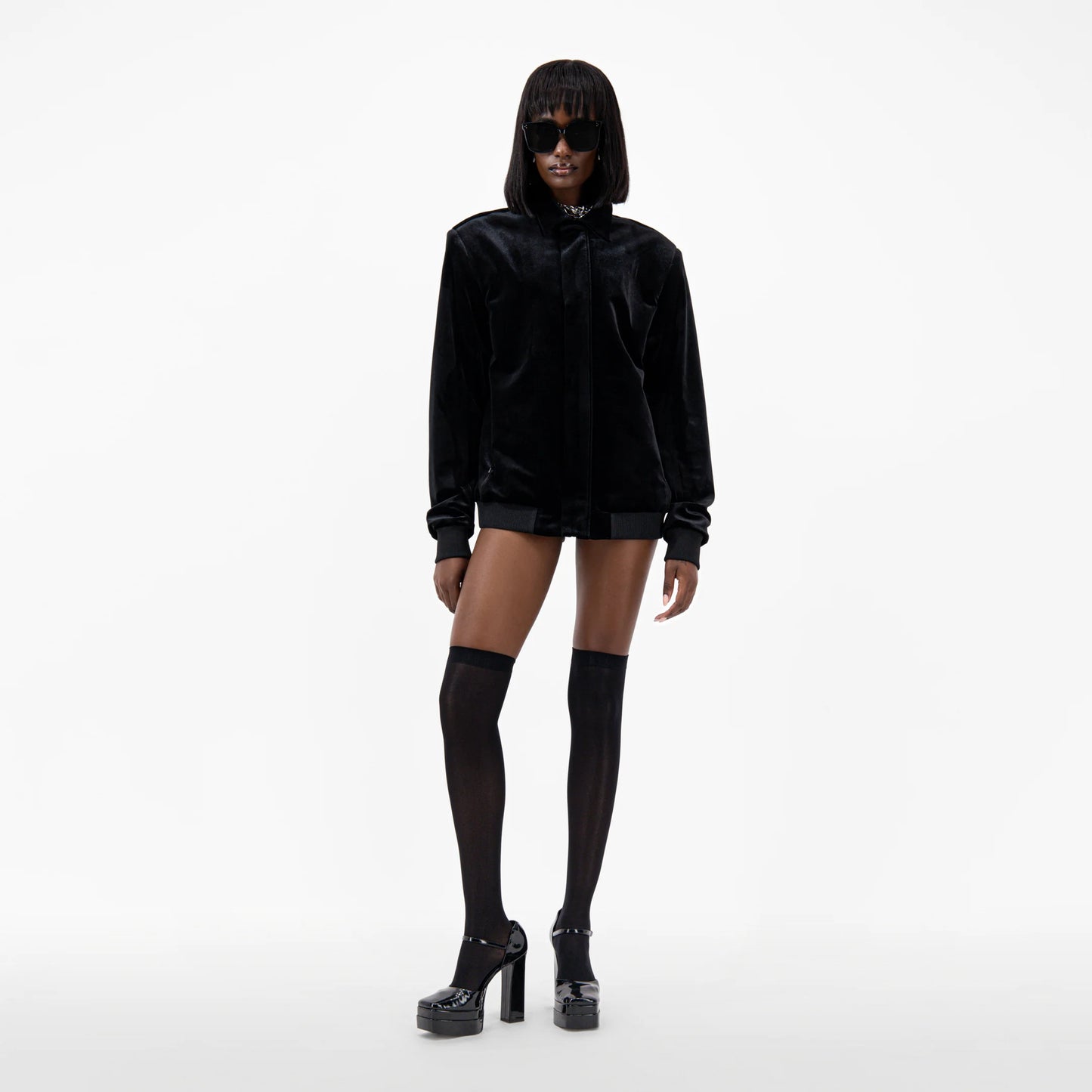 Designer velvet women's jacket with a pointed collar, long sleeves, and ribbed cuffs and hem in Black | ÚCHÈ