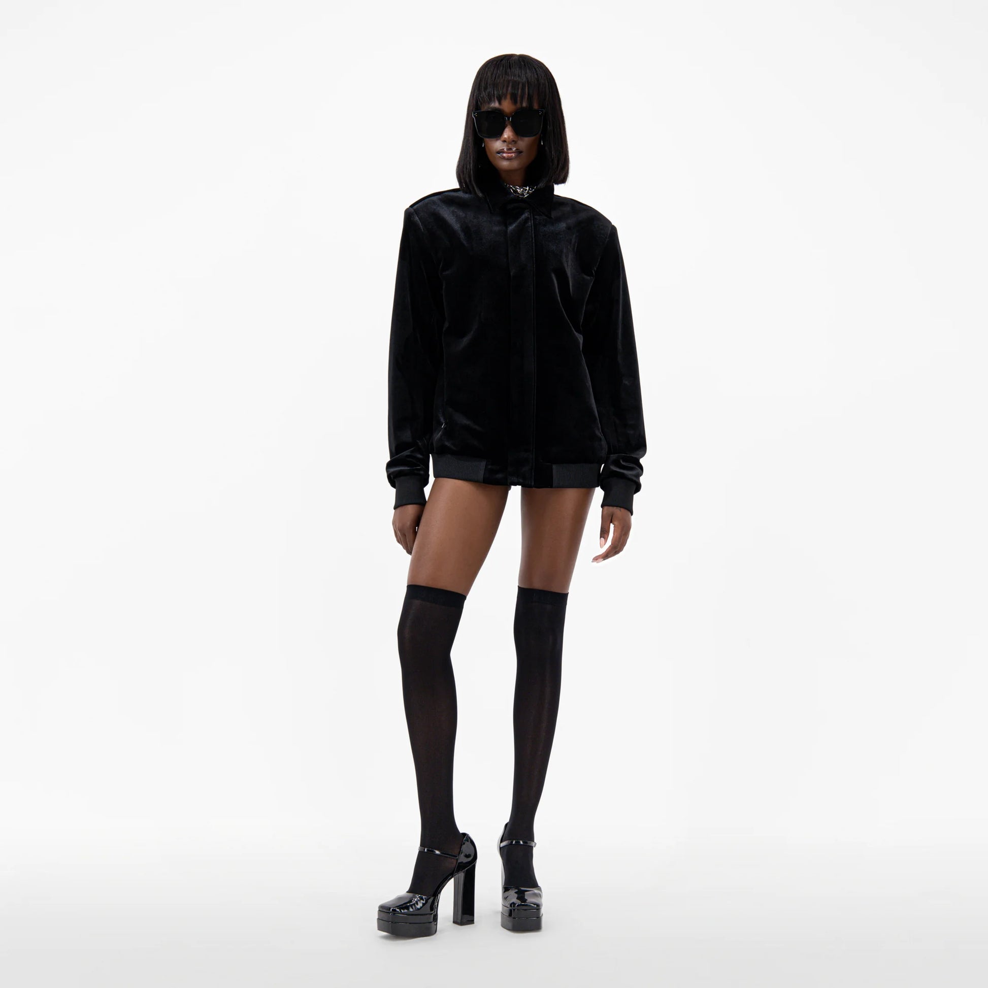 Designer velvet women's jacket with a pointed collar, long sleeves, and ribbed cuffs and hem in Black | ÚCHÈ