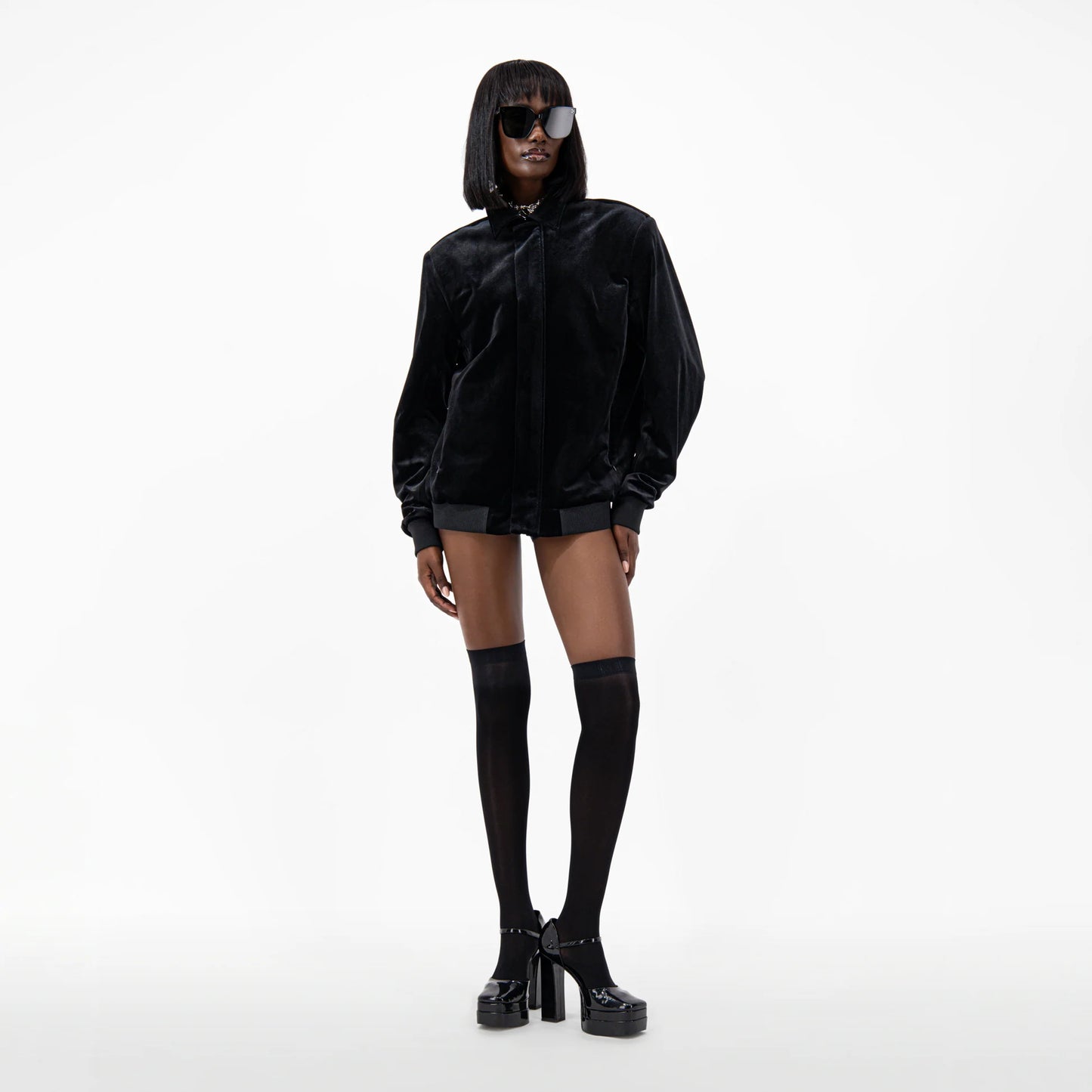 Designer velvet women's jacket with a pointed collar, long sleeves, and ribbed cuffs and hem in Black | ÚCHÈ