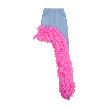 ÚCHÈ Washed Denim Asymmetrical Feather Trim Skirt - Blue/Pink