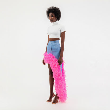 ÚCHÈ Washed Denim Asymmetrical Feather Trim Skirt - Blue/Pink