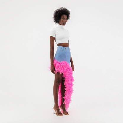 ÚCHÈ Washed Denim Asymmetrical Feather Trim Skirt - Blue/Pink