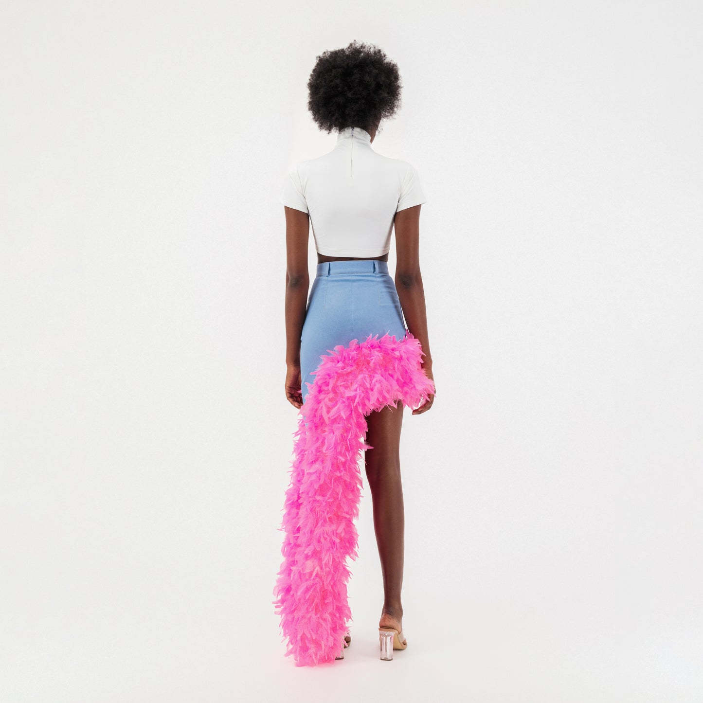 ÚCHÈ Washed Denim Asymmetrical Feather Trim Skirt - Blue/Pink