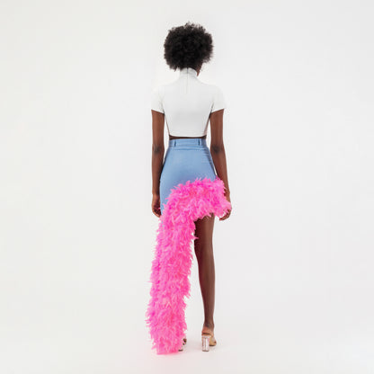 ÚCHÈ Washed Denim Asymmetrical Feather Trim Skirt - Blue/Pink