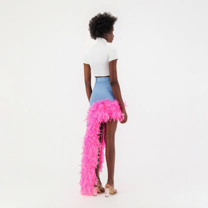 ÚCHÈ Washed Denim Asymmetrical Feather Trim Skirt - Blue/Pink