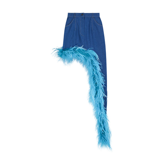ÚCHÈ Denim Asymmetrical Ostrich Feather Trim Skirt - Blue