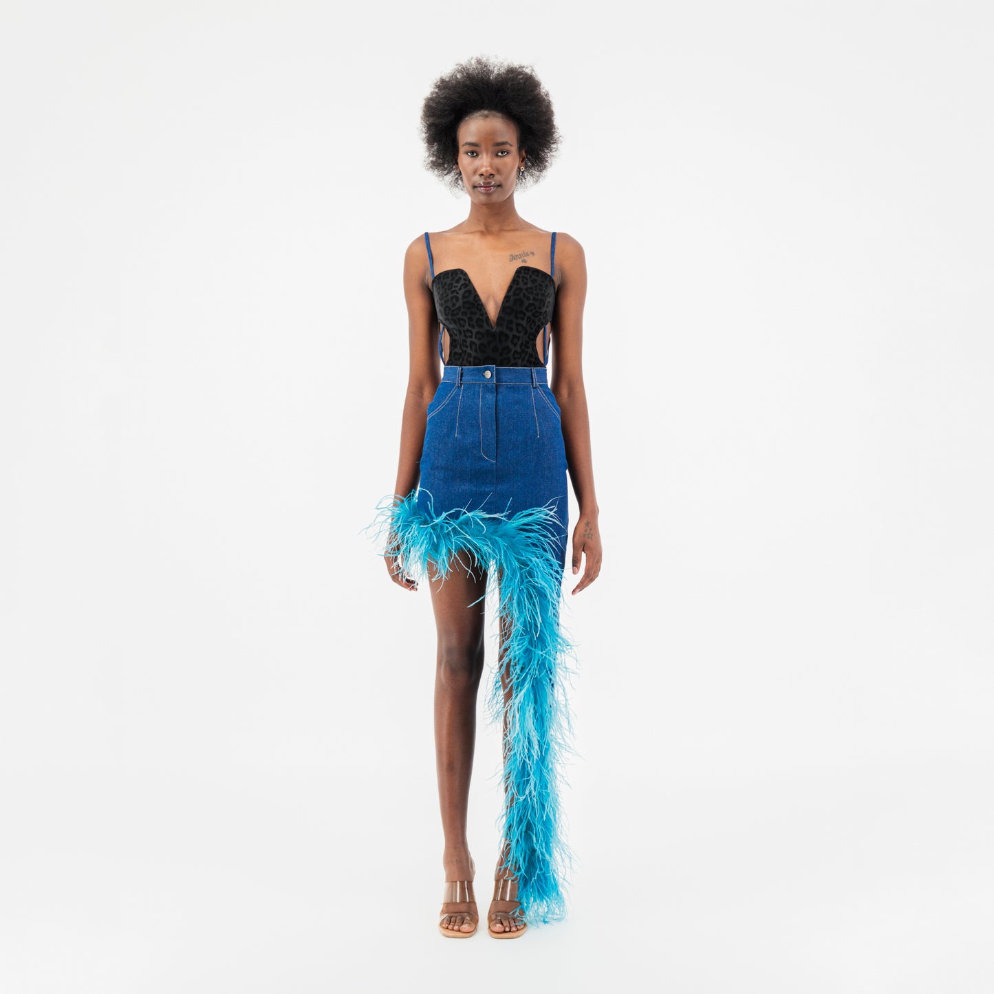 ÚCHÈ Denim Asymmetrical Ostrich Feather Trim Skirt - Blue