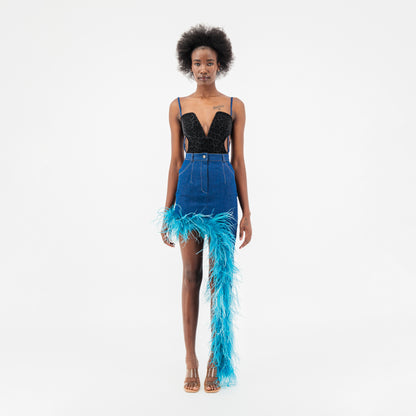 ÚCHÈ Denim Asymmetrical Ostrich Feather Trim Skirt - Blue