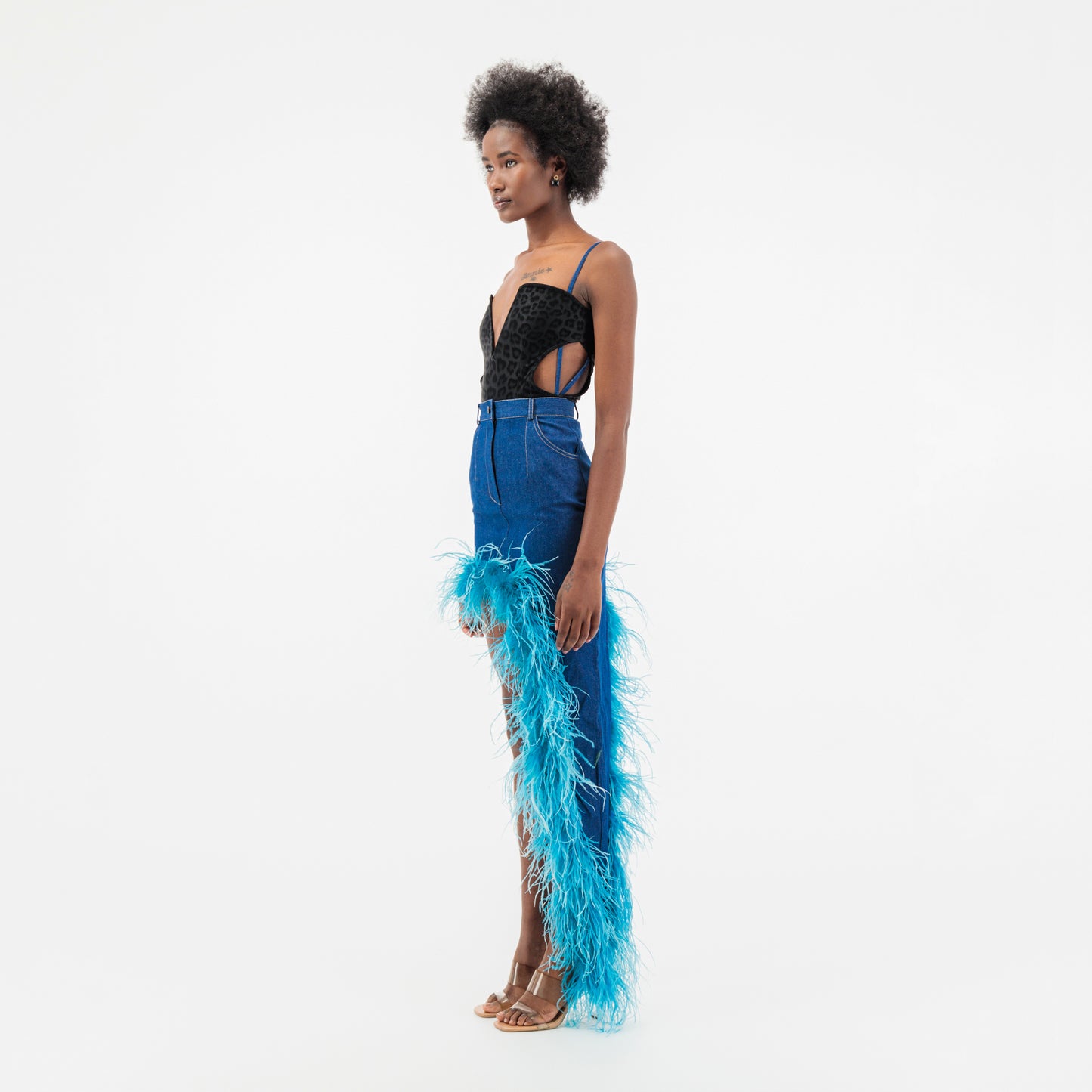 ÚCHÈ Denim Asymmetrical Ostrich Feather Trim Skirt - Blue