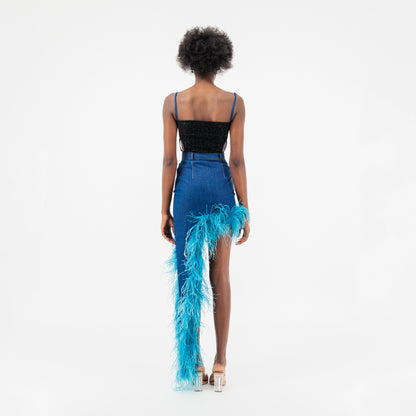 ÚCHÈ Denim Asymmetrical Ostrich Feather Trim Skirt - Blue