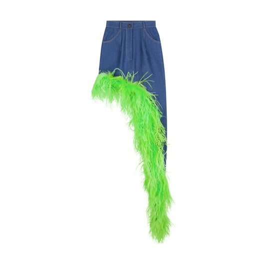 ÚCHÈ Denim Asymmetrical Ostrich Feather Trim Skirt - Blue/Green