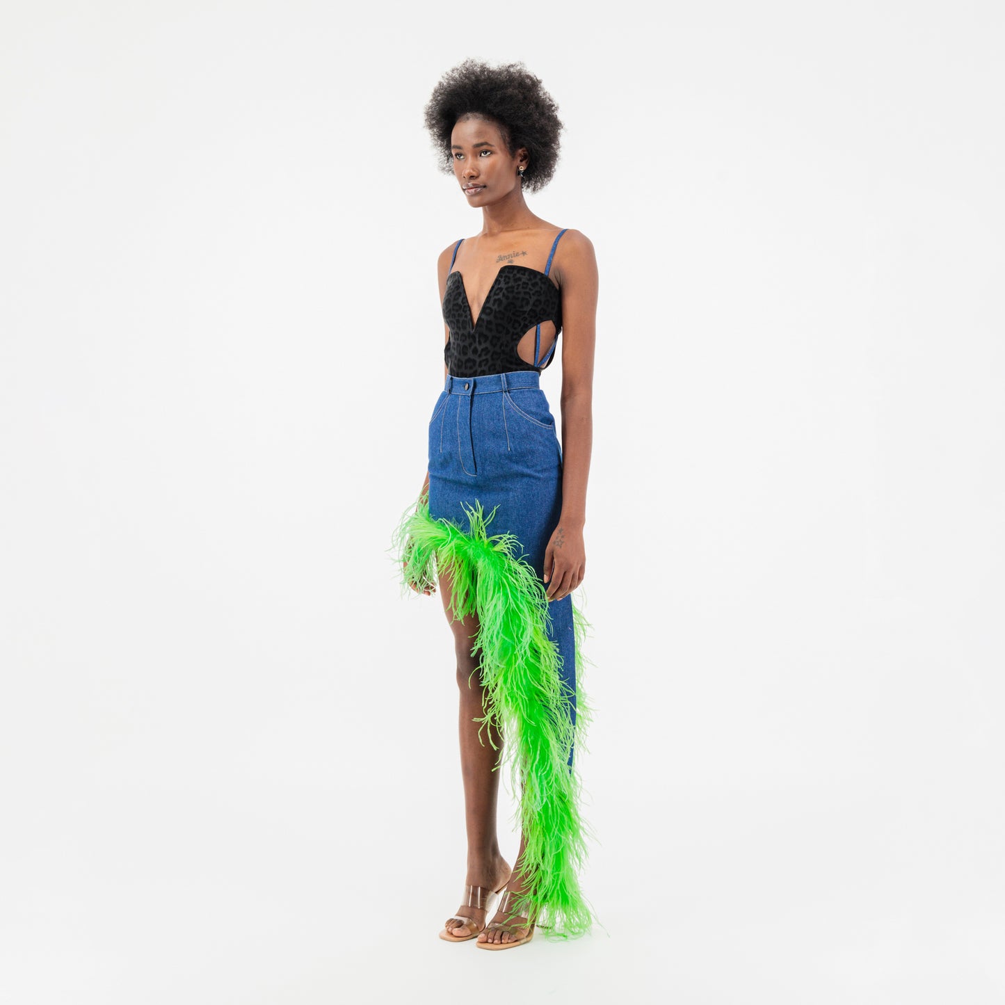 ÚCHÈ Denim Asymmetrical Ostrich Feather Trim Skirt - Blue/Green