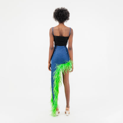 ÚCHÈ Denim Asymmetrical Ostrich Feather Trim Skirt - Blue/Green