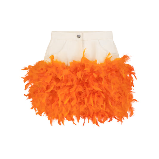 ÚCHÈ Denim Feather Mini Skirt - White/Orange