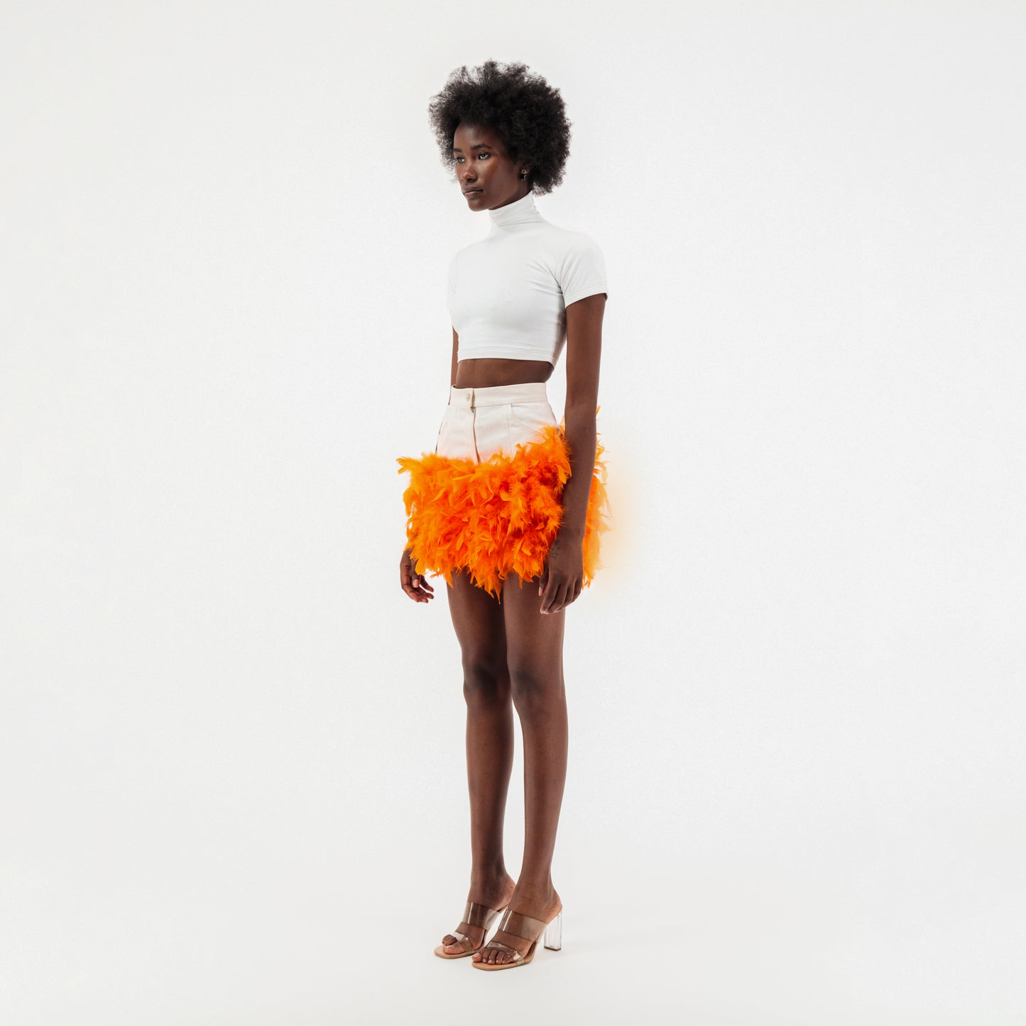 ÚCHÈ Denim Feather Mini Skirt - White/Orange