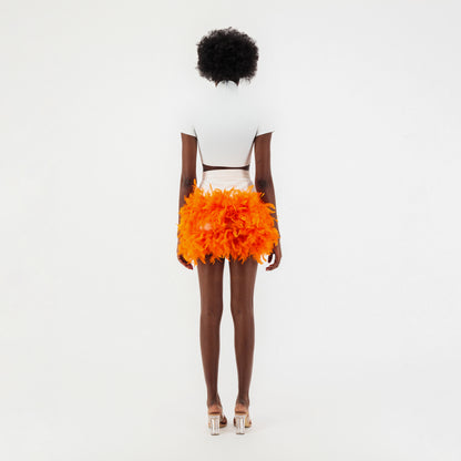 ÚCHÈ Denim Feather Mini Skirt - White/Orange