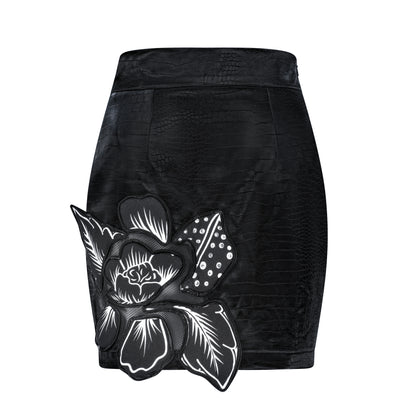 ÚCHÈ Crocodile Prints Flower Patch Mini Skirt - Black