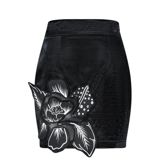 ÚCHÈ Crocodile Prints Flower Patch Mini Skirt - Black