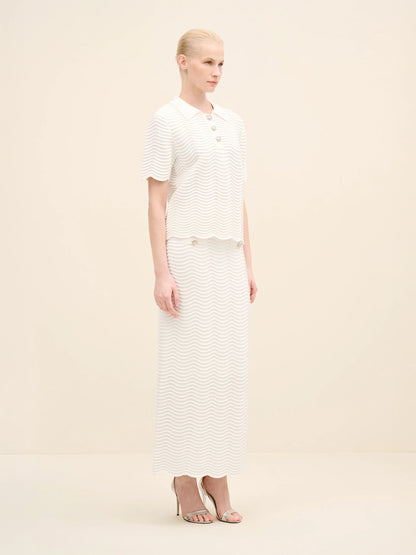 NÉAN Wave-Textured Knit Polo Blouse - Off White