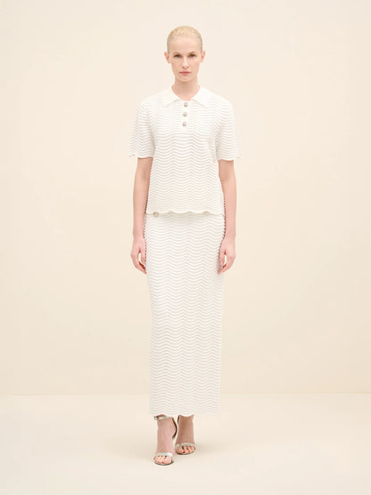 NÉAN Wave-Textured Knit Polo Blouse - Off White