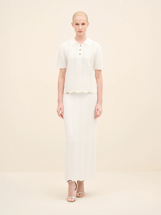NÉAN Wave-Textured Knit Polo Blouse - Off White