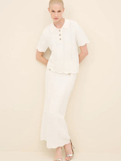 NÉAN Wave-Textured Knit Polo Blouse - Off White